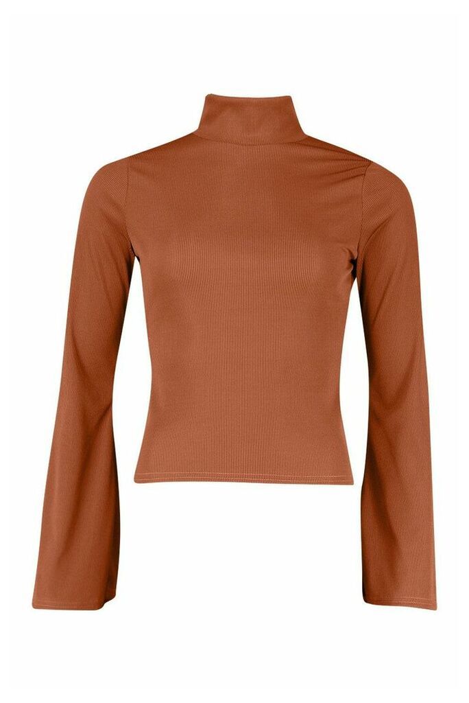 Womens Rib roll/polo neck Flare Sleeve Top - brown - 6, Brown