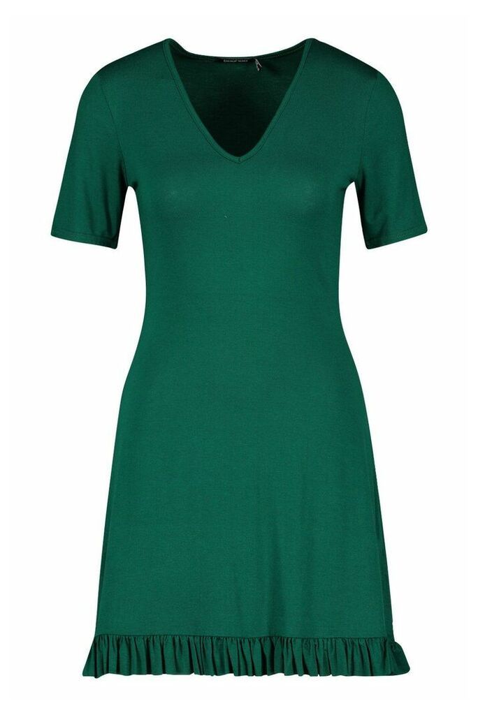 Womens V Neck Frill Hem Shift Dress - green - 10, Green