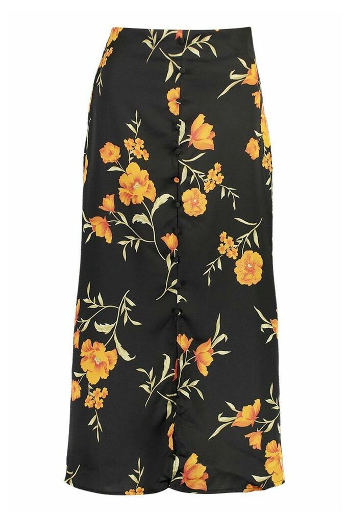 Womens Button Front Floral Midi Skirt - black - 12, Black