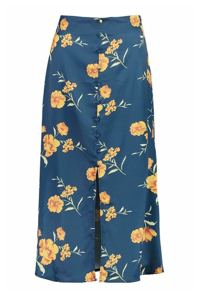Womens Button Front Floral Midi Skirt - green - 14, Green