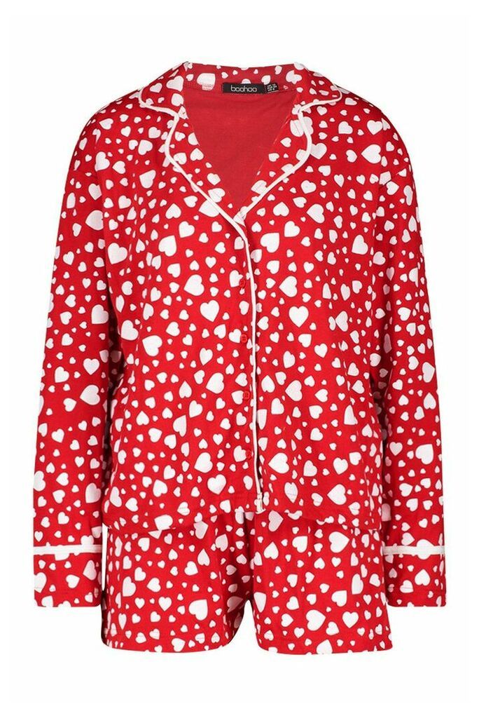 Womens Heart Print Jersey Button Through PJ Shorts Set - red - 12, Red