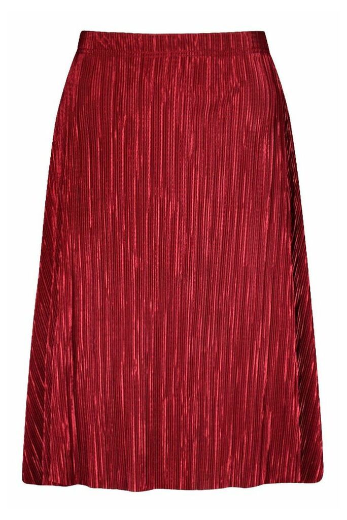 Womens Petite Pleated Plissé Midi Skirt - Red - 4, Red