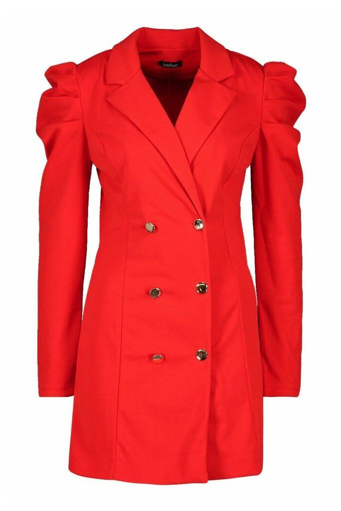 Womens Puff Sleeve Button Blazer Dress - Red - 8, Red