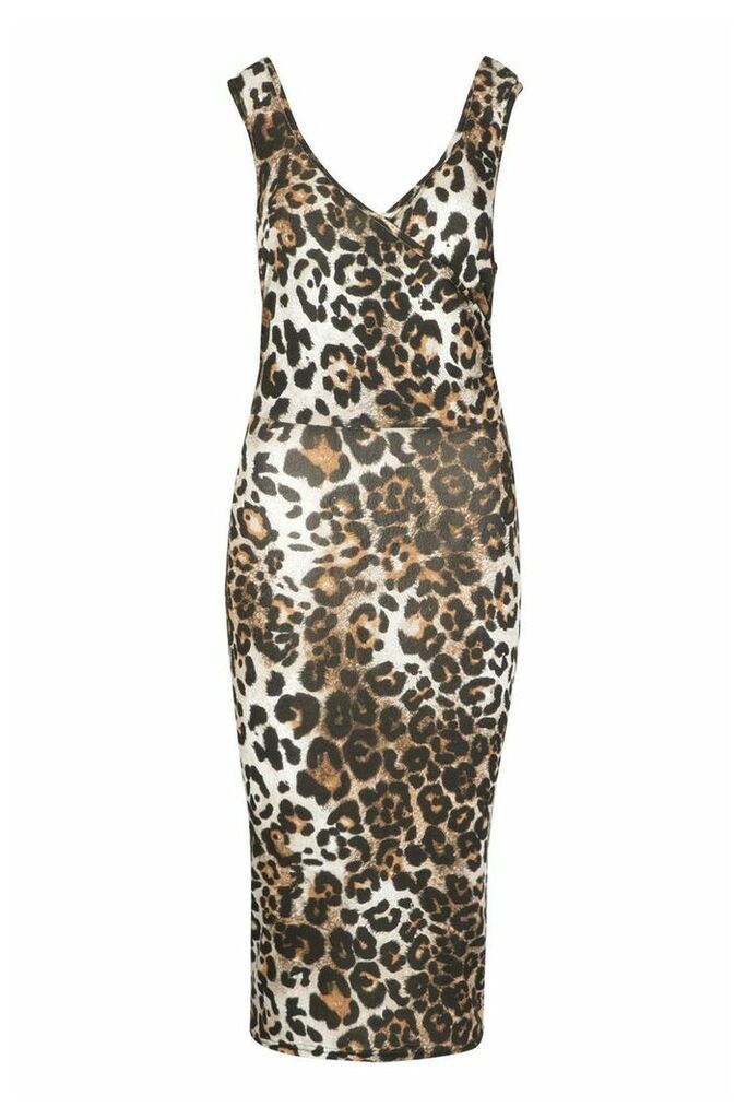 Womens Leopard Wrap Front Midi Dress - Brown - 10, Brown