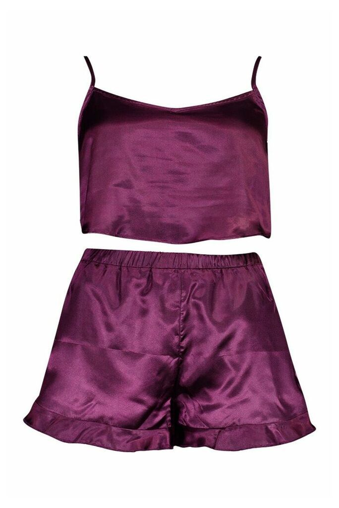 Womens Satin Crop Vest & Short Set - Purple - 10, Purple