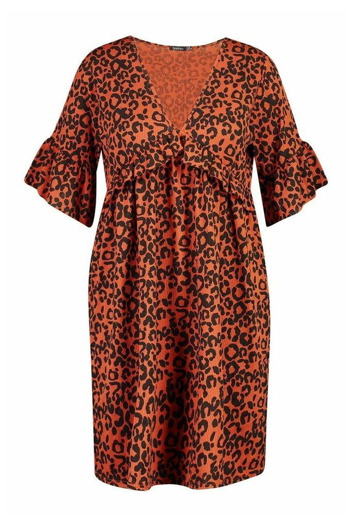 Womens Plus Leopard Ruffle Rib Smock Dress - brown - 20, Brown