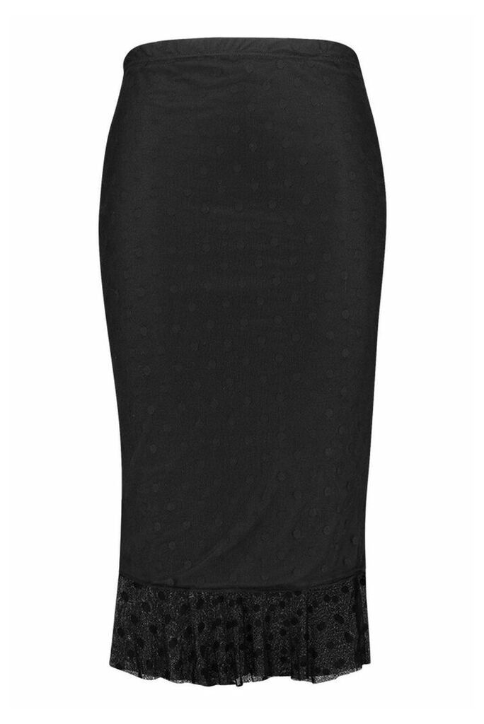 Womens Plus Dobby Mesh Peplum Frill Midi Skirt - black - 24, Black