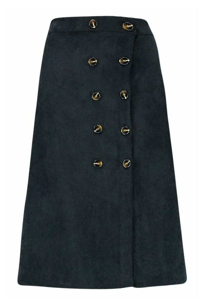 Womens Button Front Baby Cord Midi Skirt - Black - 12, Black