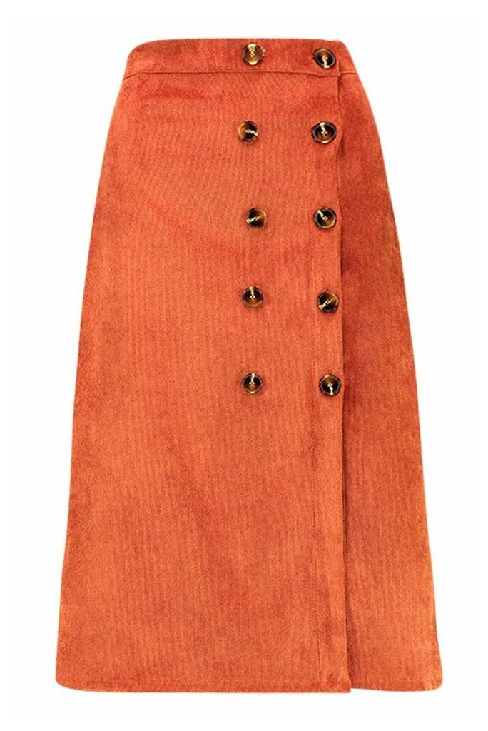 Womens Button Front Baby Cord Midi Skirt - Orange - 8, Orange