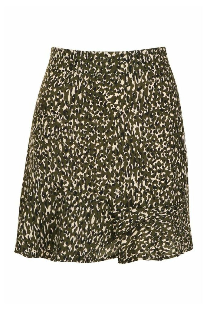 Womens Petite Leopard Print Wrap Skirt - Green - 12, Green