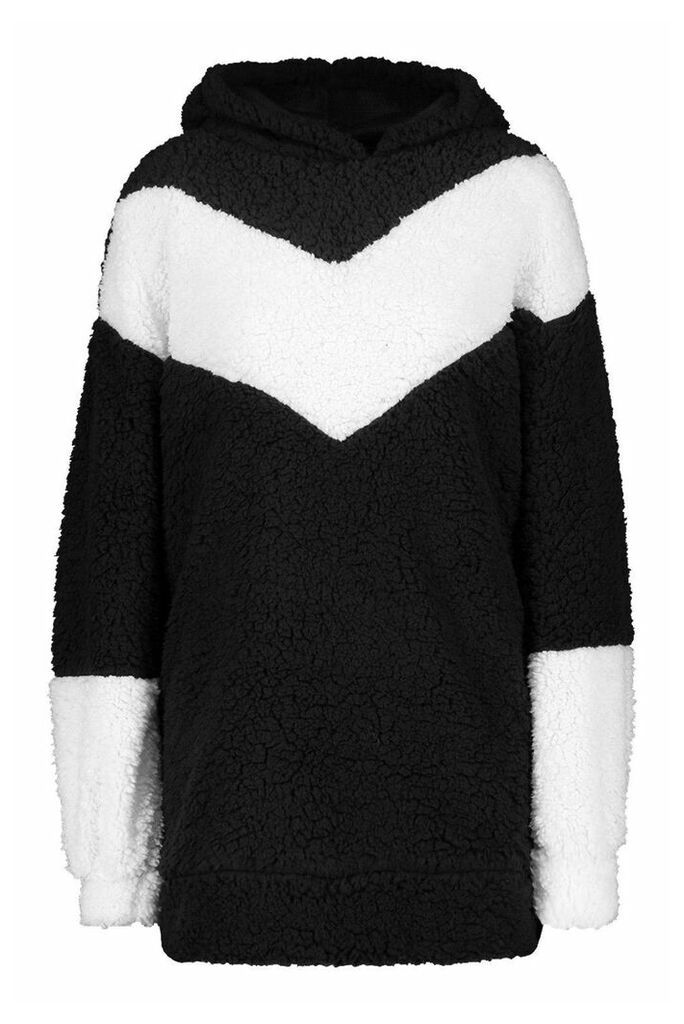 Womens Borg Chevron Hooded Sweatshirt Dress - black - 8, Black