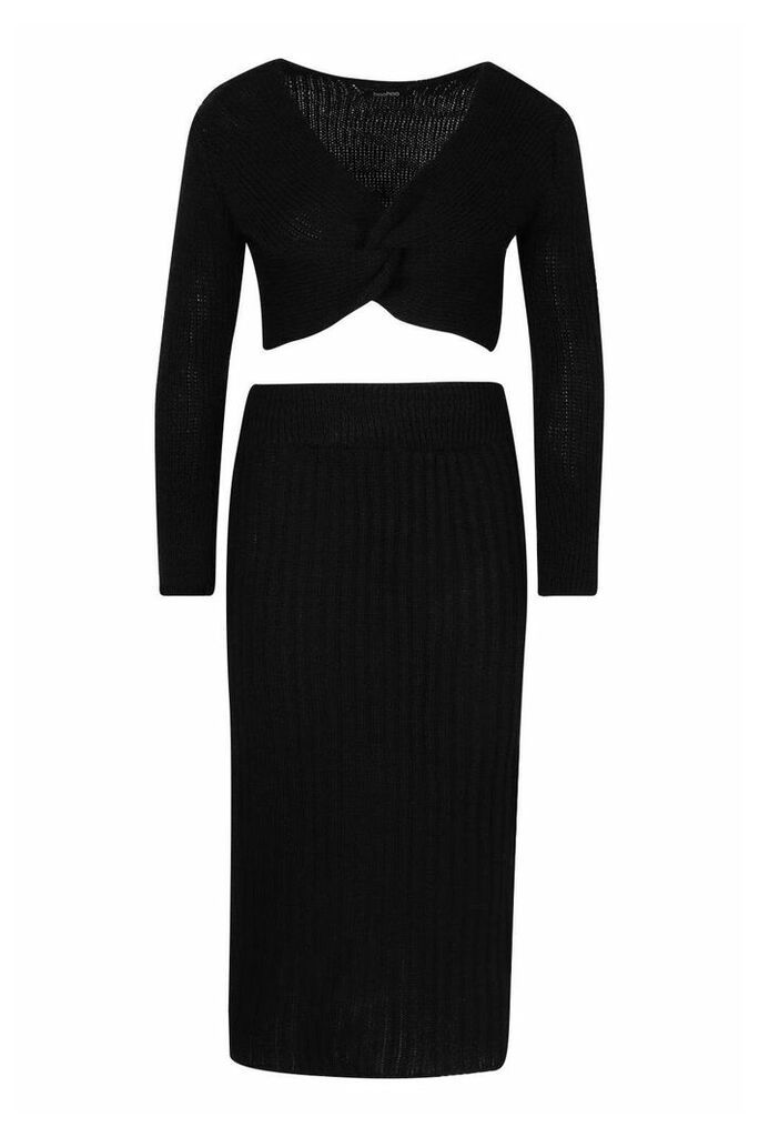 Twist Front Crop & Midi Skirt Co-Ord - Black - L, Black