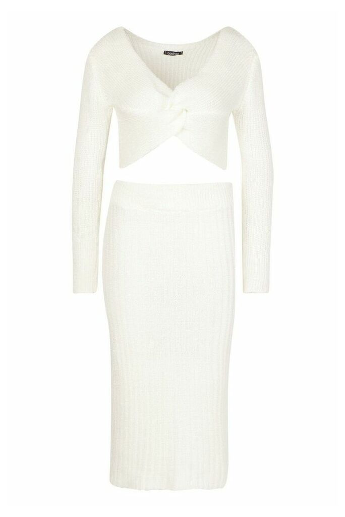 Twist Front Crop & Midi Skirt Co-Ord - White - M, White