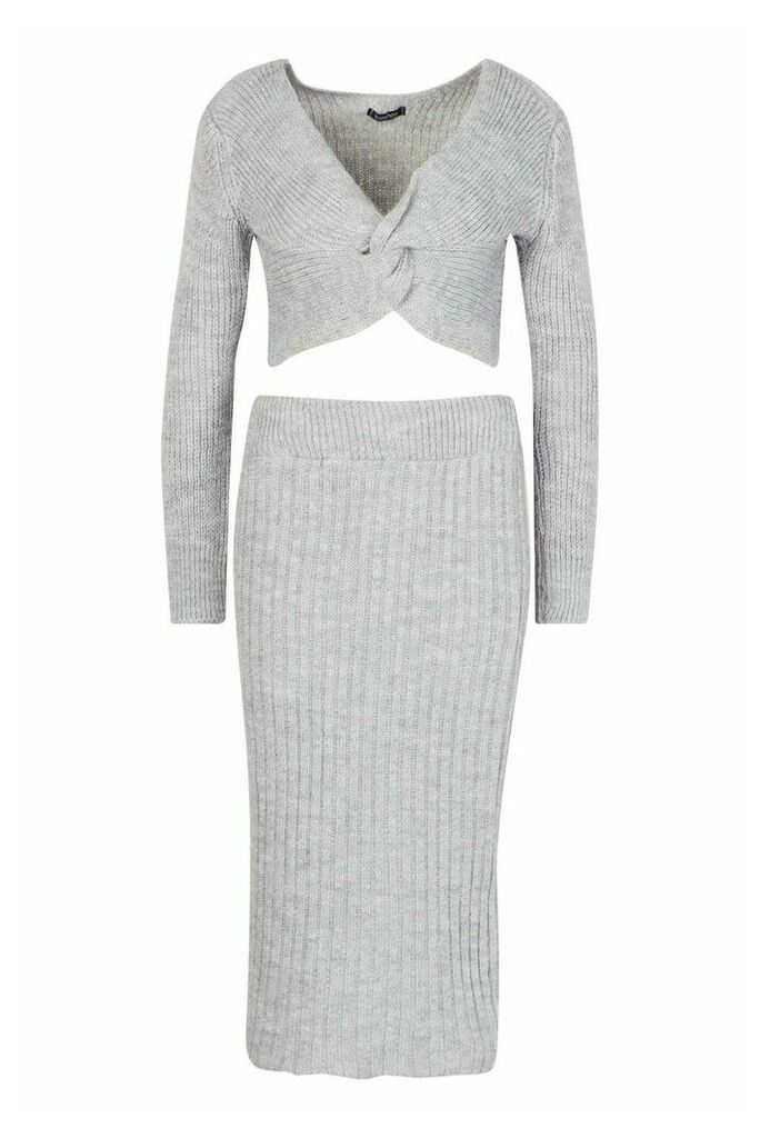 Twist Front Crop & Midi Skirt Co-Ord - Grey - L, Grey
