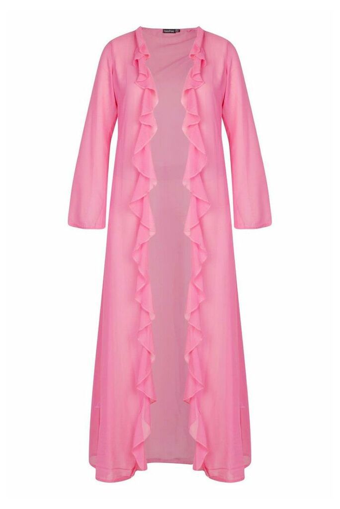 Womens Plus Chiffon Ruffle Maxi Beach Kimono - Pink - 18, Pink