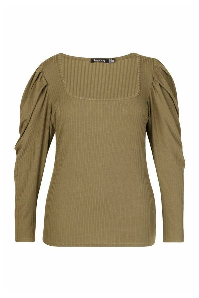 Womens Plus Puff Sleeve Square Neck Jumper - green - 20, Green
