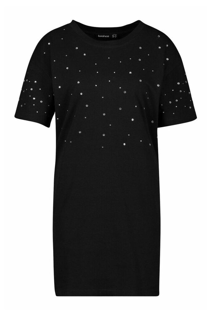 Womens Diamonte Oversized T-Shirt Dress - Black - 8, Black