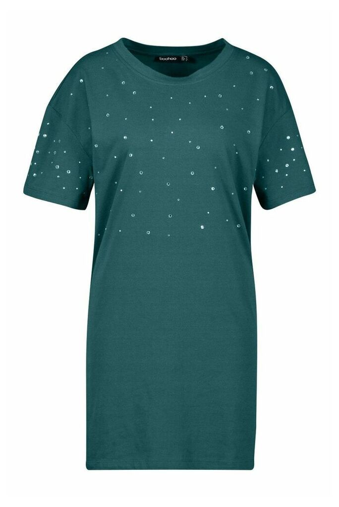 Womens Diamonte Oversized T-Shirt Dress - green - 10, Green