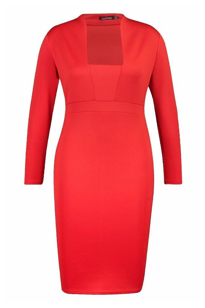 Womens Plus Plunge High Collar Midi Dress - red - 24, Red