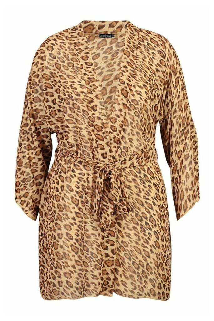 Womens Plus Leopard Print Belted Kimono - brown - 22, Brown