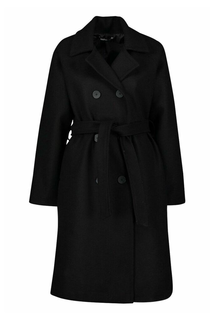 Womens Petite Double Breasted Belted Wool Look Coat - black - 10, Black