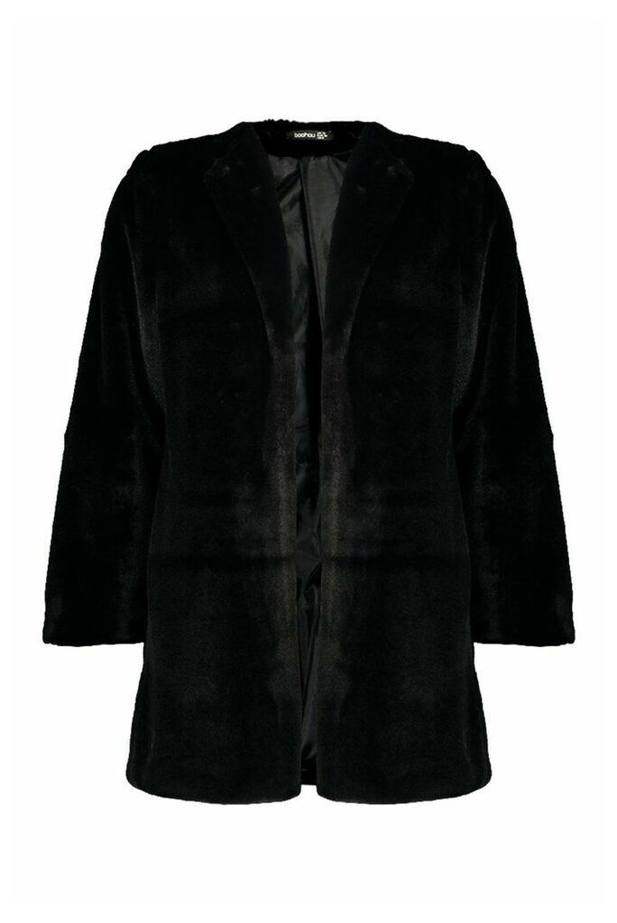 Womens Collarless Faux Fur Coat - Black - 12, Black