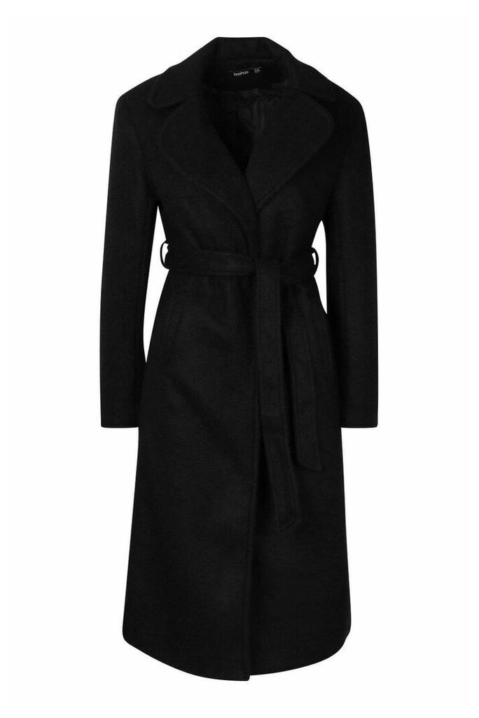 Womens Belted Collared Wrap Wool Look Coat - black - 12, Black