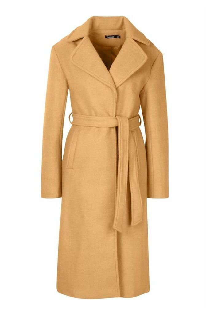 Womens Belted Collared Wrap Wool Look Coat - beige - 12, Beige