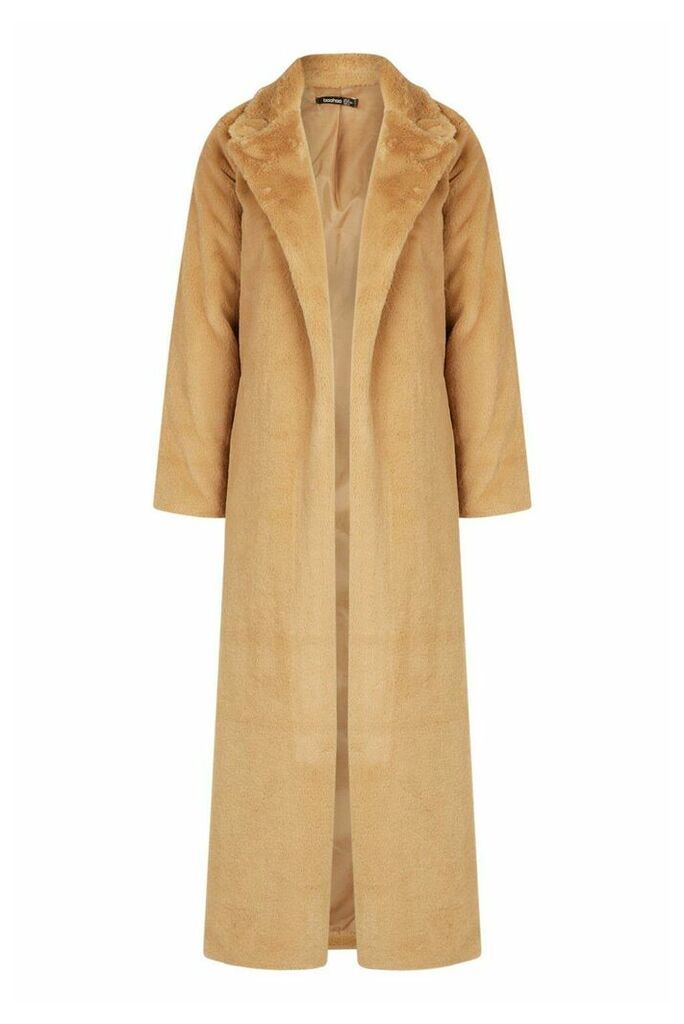 Womens Longline Faux Fur Coat - Beige - 10, Beige