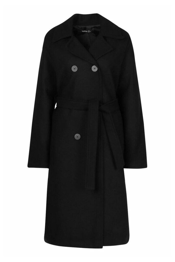 Womens Double Breasted Belted Wool Look Coat - black - 14, Black