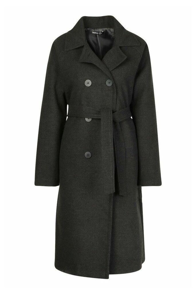 Womens Double Breasted Belted Wool Look Coat - grey - 10, Grey