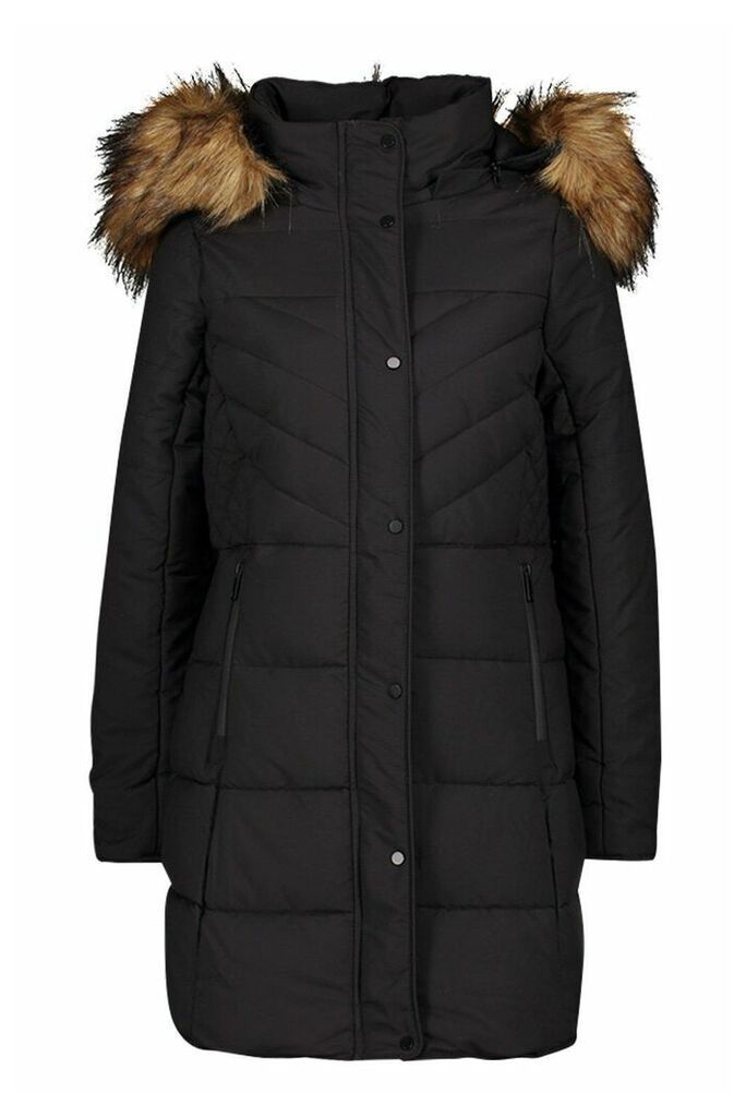 Womens Faux Fur Trim Quilted Detail Parka Coat - black - 6, Black