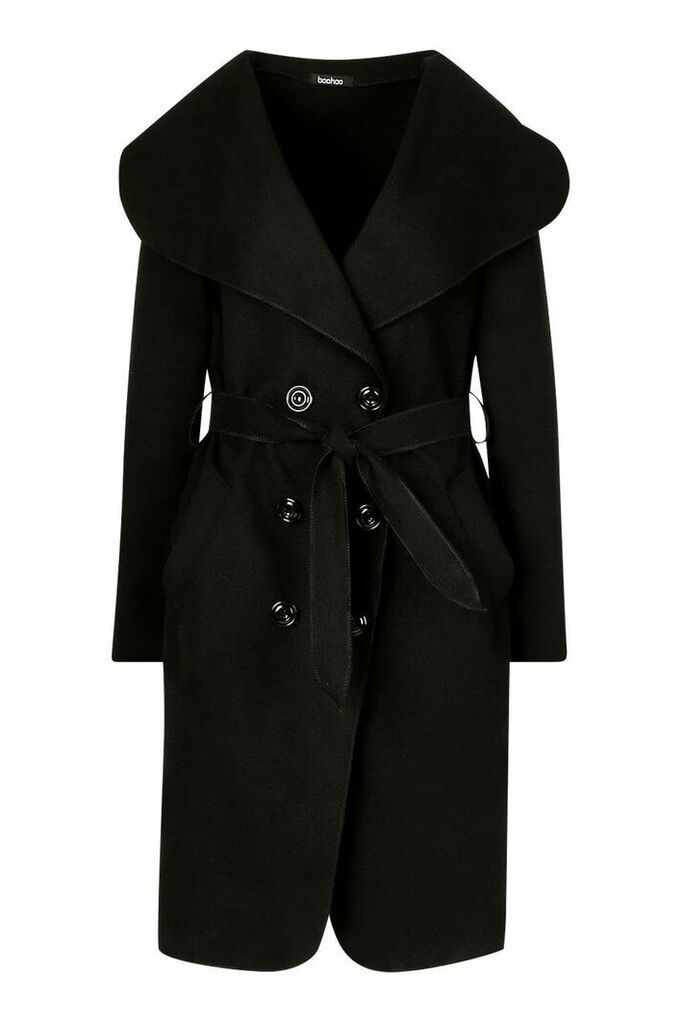 Womens Waterfall Double Breasted Belted Coat - black - L, Black