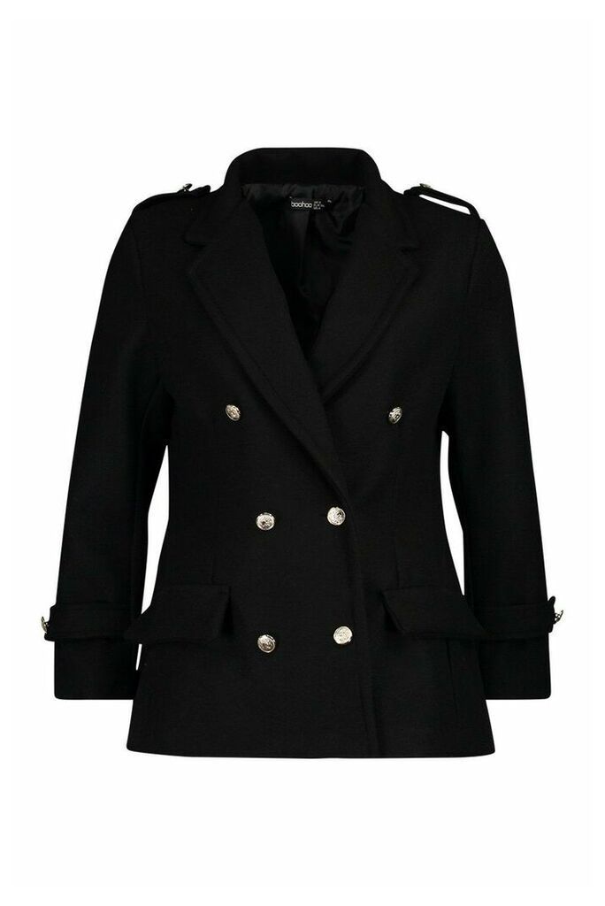 Womens Petite Double Breasted Wool Look Military Coat - Black - 4, Black
