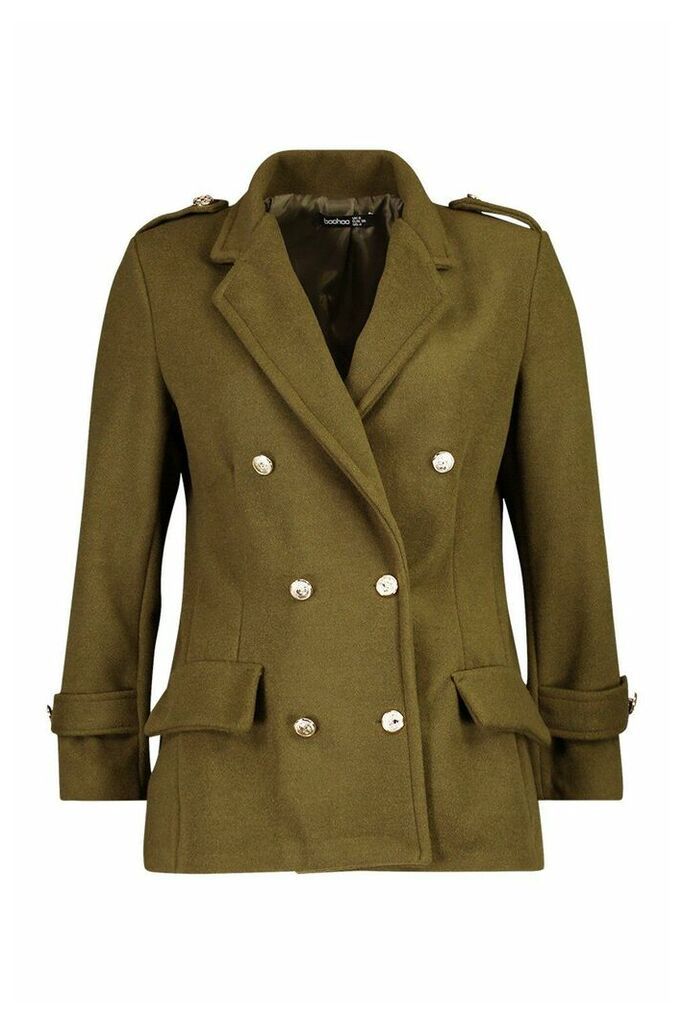 Womens Petite Double Breasted Wool Look Military Coat - Green - 10, Green