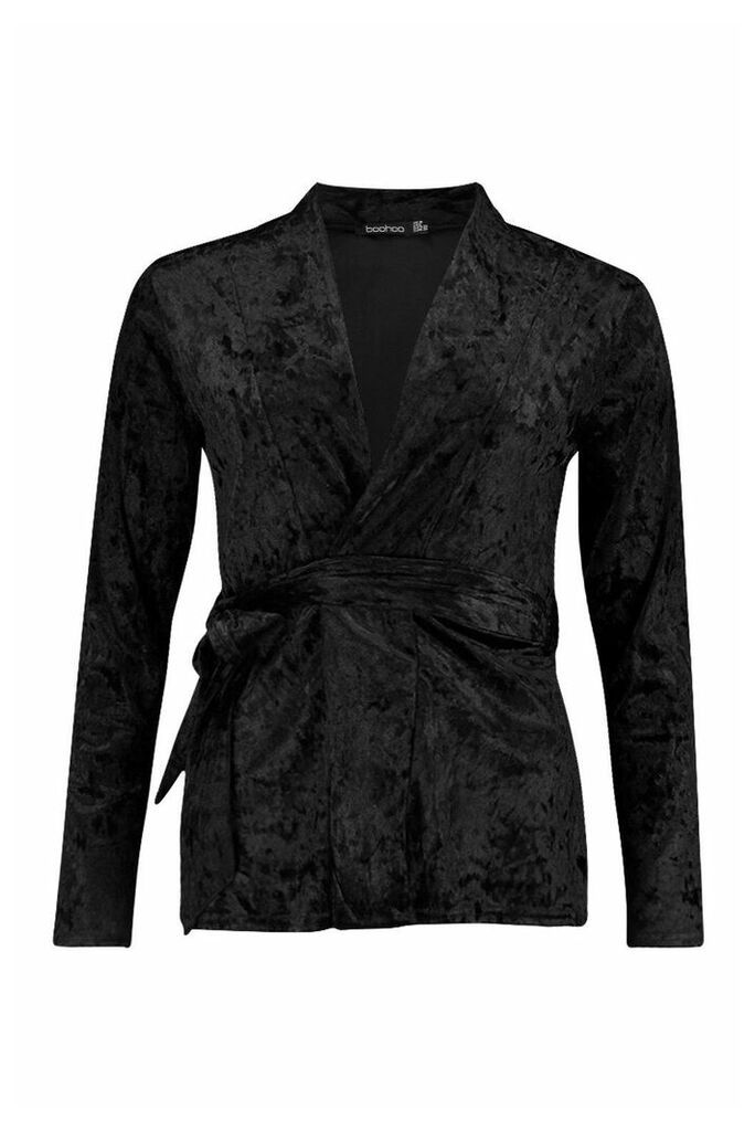 Womens Collarless Belted Velvet Blazer - black - 14, Black