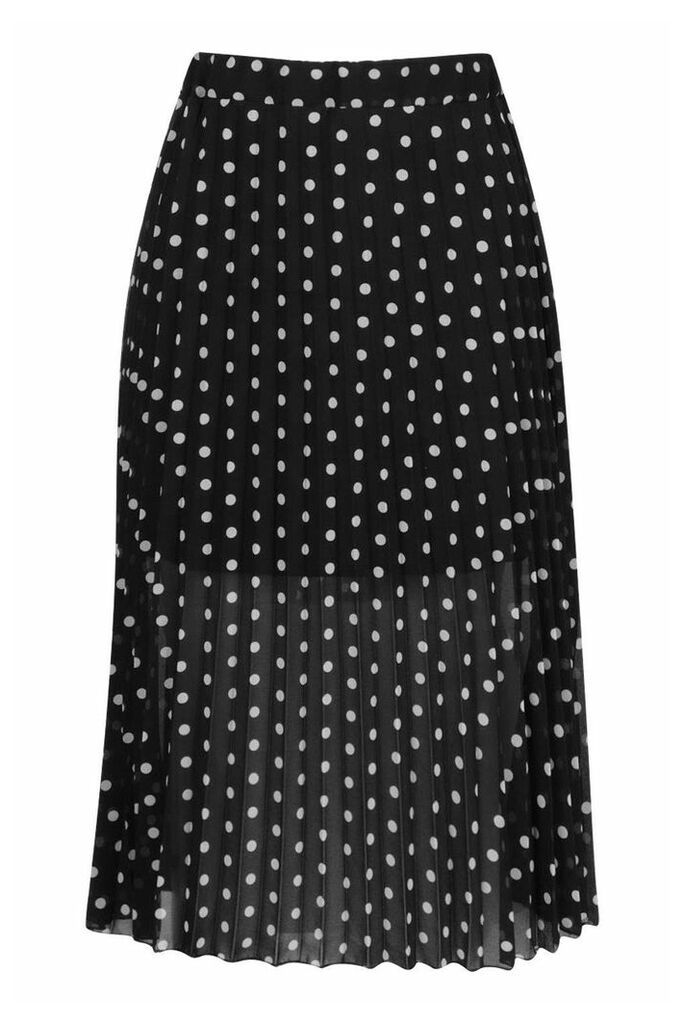 Womens Polka Dot Pleated Midi Skirt - black - 10, Black