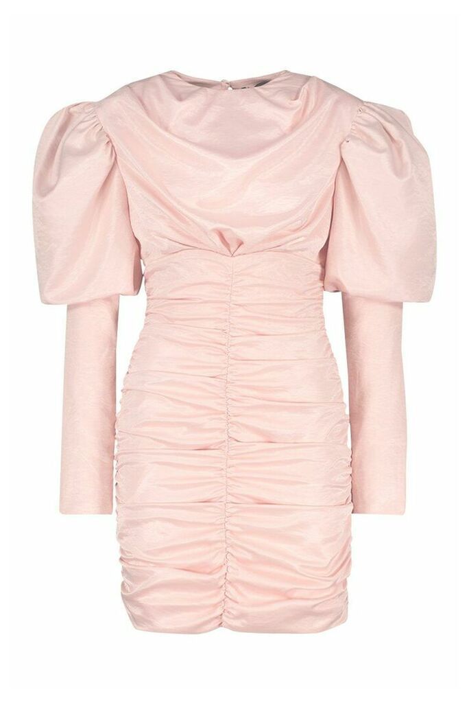 Womens Premium Puff Sleeve Ruched Fitted Dress - Pink - 8, Pink