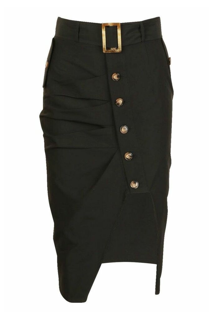 Womens Buckle Pleat Button Midi Skirt - black - 14, Black