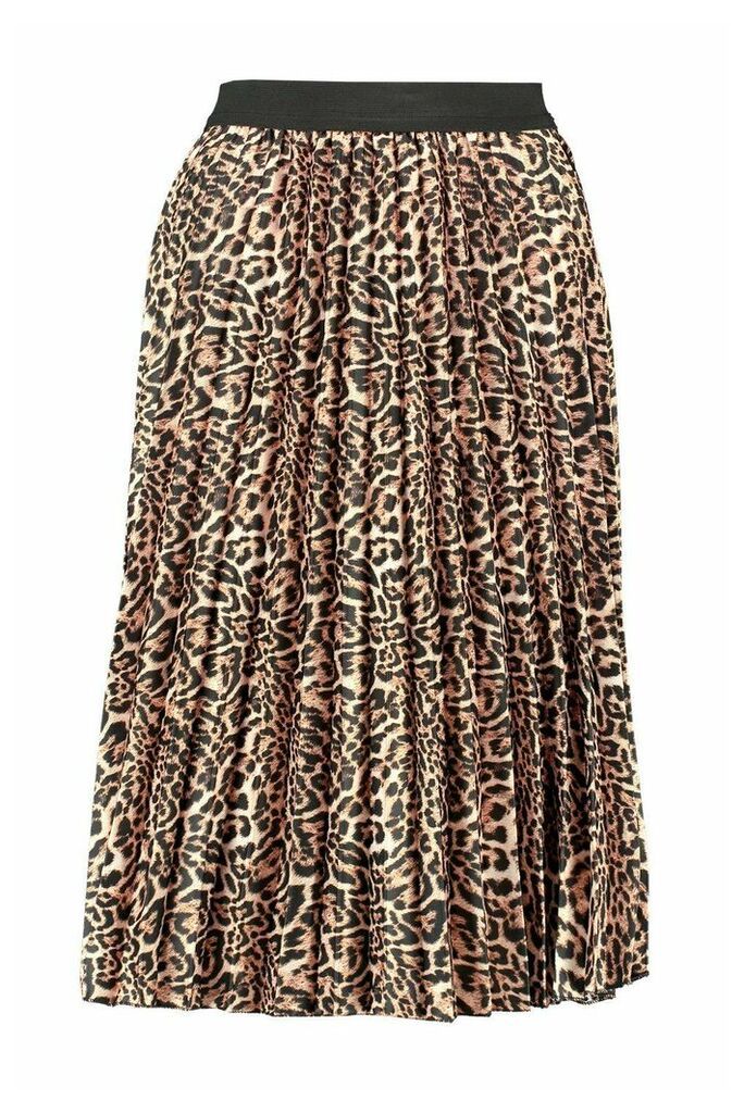 Womens Leopard Satin Pleated Midi Skirt - multi - 12, Multi
