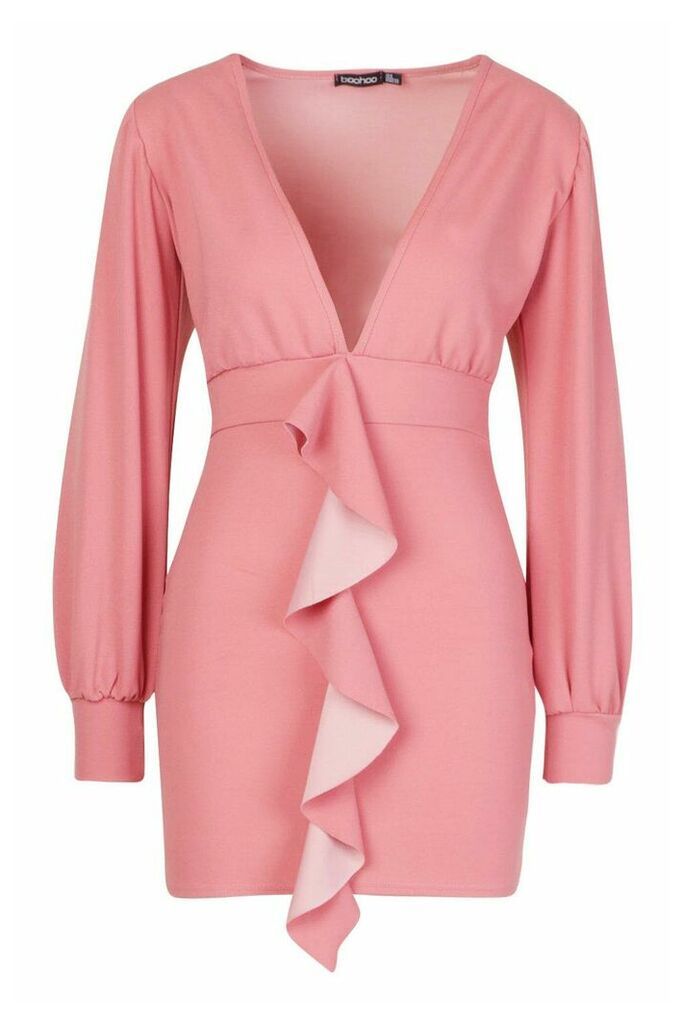 Womens Petite Volume Sleeve Ruffle Detail Mini Dress - Pink - 8, Pink