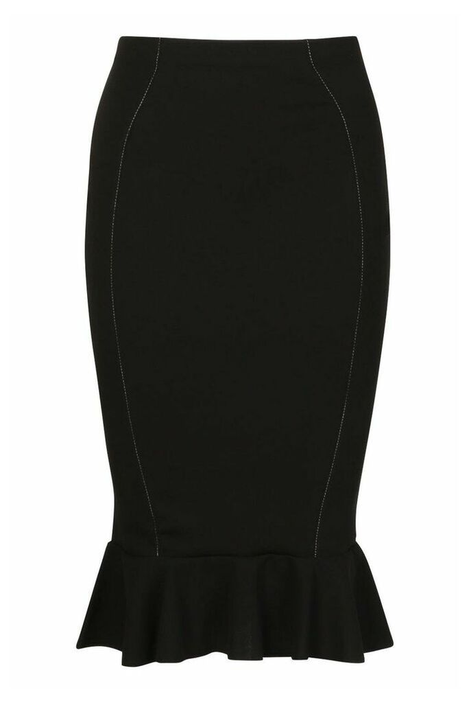Womens Ruffle Hem Pencil Skirt With Contrast Stitching - black - 14, Black