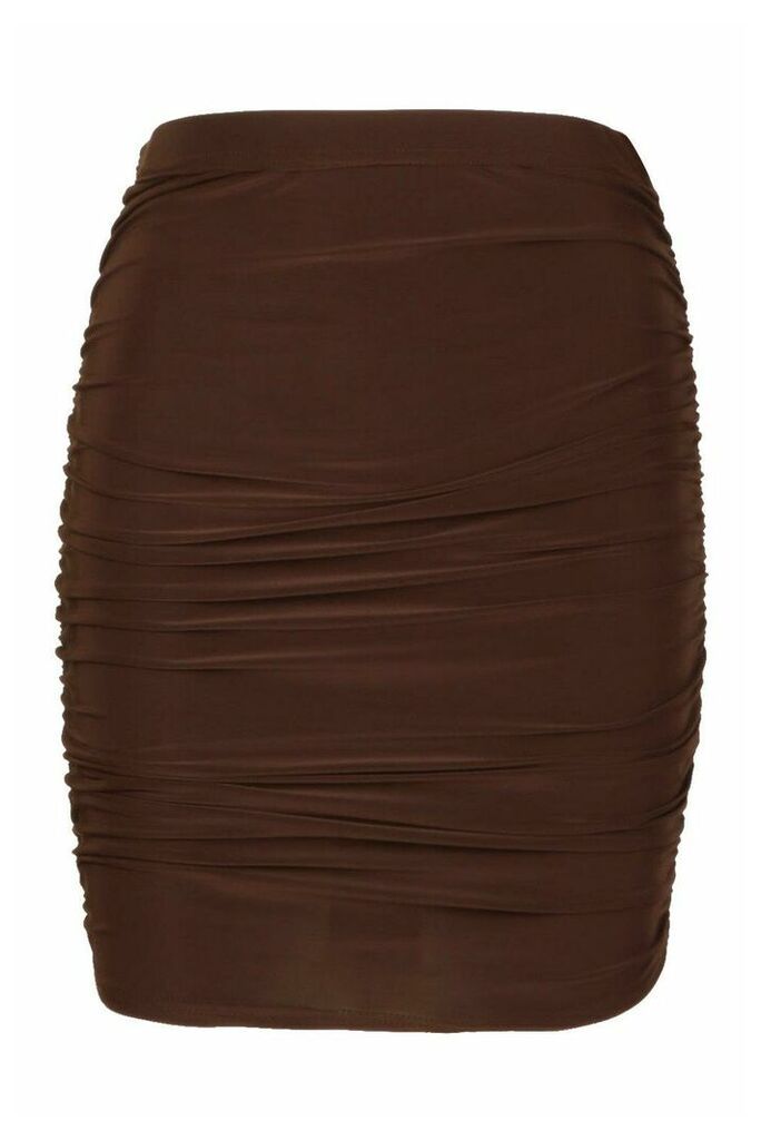 Womens All Over Ruched Mini Skirt - brown - 14, Brown