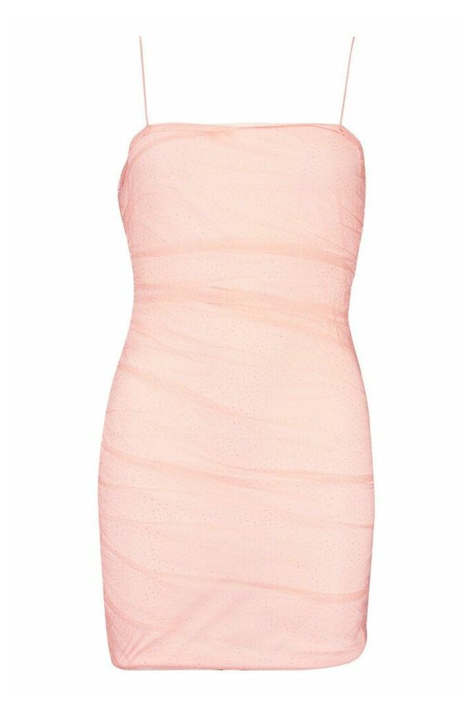 Womens Petite Ruched Glitter Mesh Bodycon Dress - Pink - 8, Pink