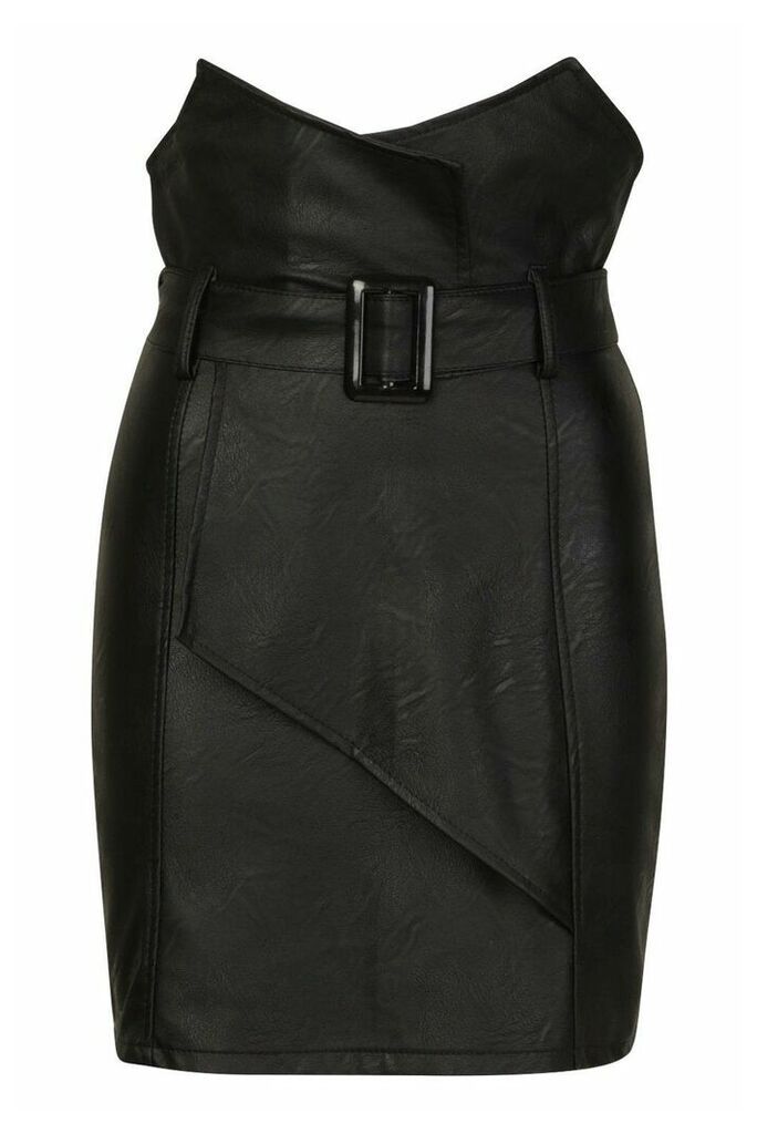 Womens High Waist Belted Leather Look Skirt - Black - L, Black
