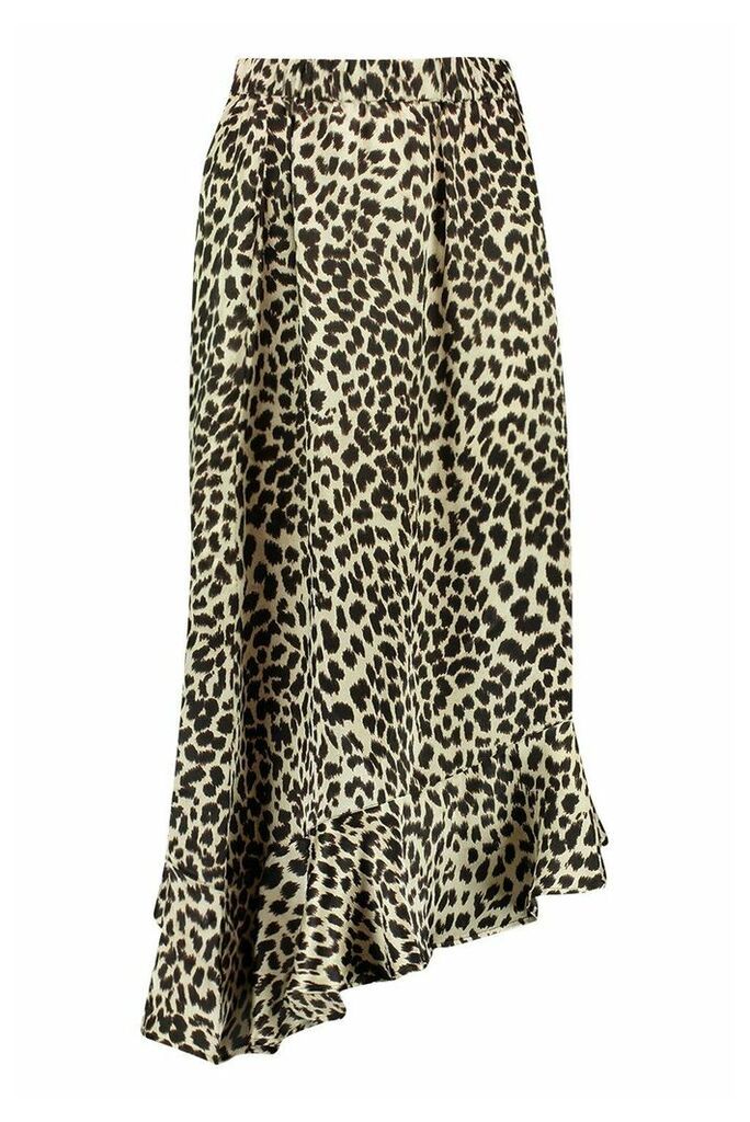 Womens Leopard Print Ruffle Hem Skirt - Beige - 16, Beige