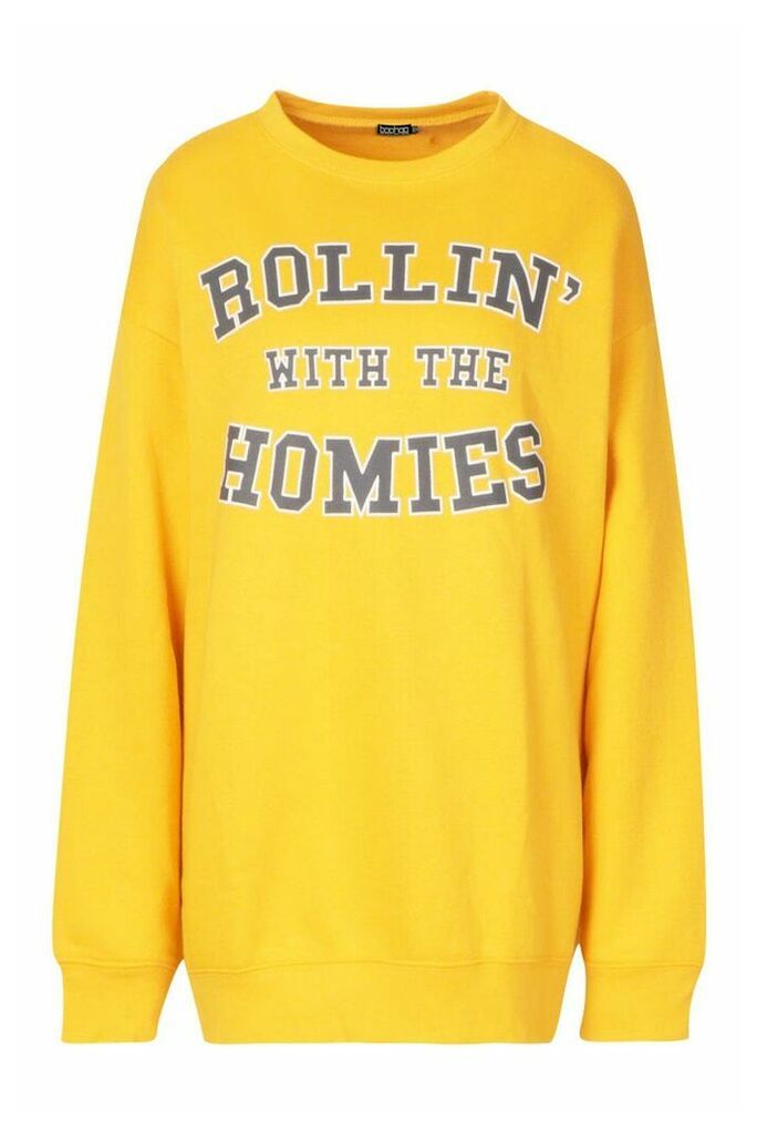 Womens Rolling With The Homies Slogan Oversized Sweatshirt - Yellow - S, Yellow