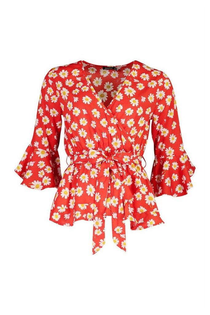 Womens Daisy Print Wrap Blouse - Red - 6, Red