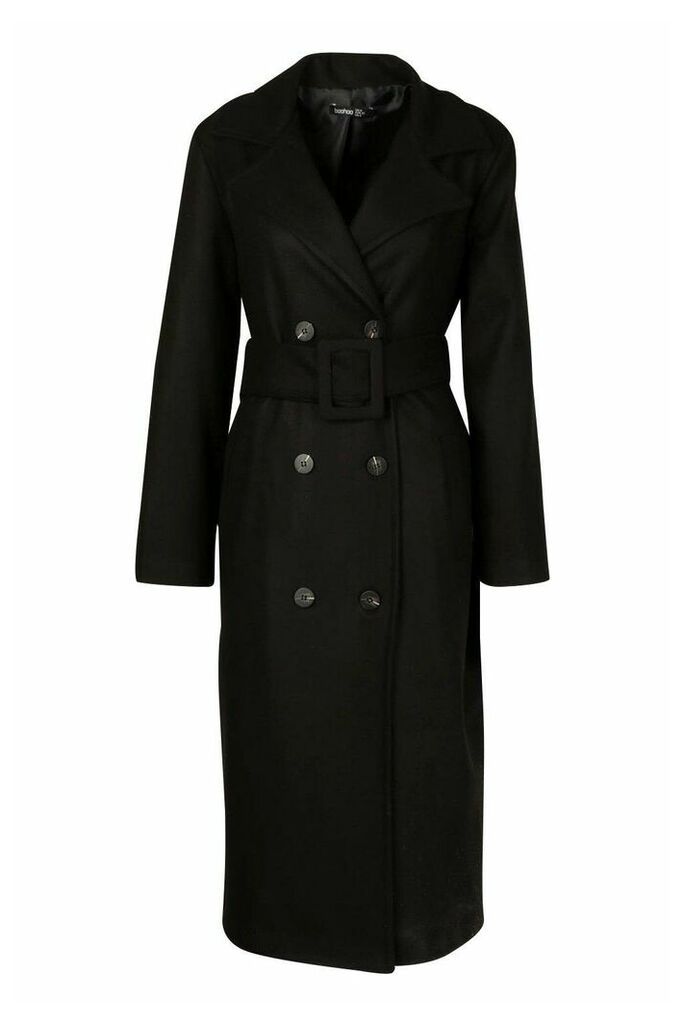 Womens Covered Buckle Belted Wool Look Trench Coat - Black - 8, Black