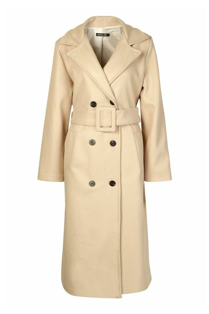 Womens Covered Buckle Belted Wool Look Trench Coat - Beige - 14, Beige